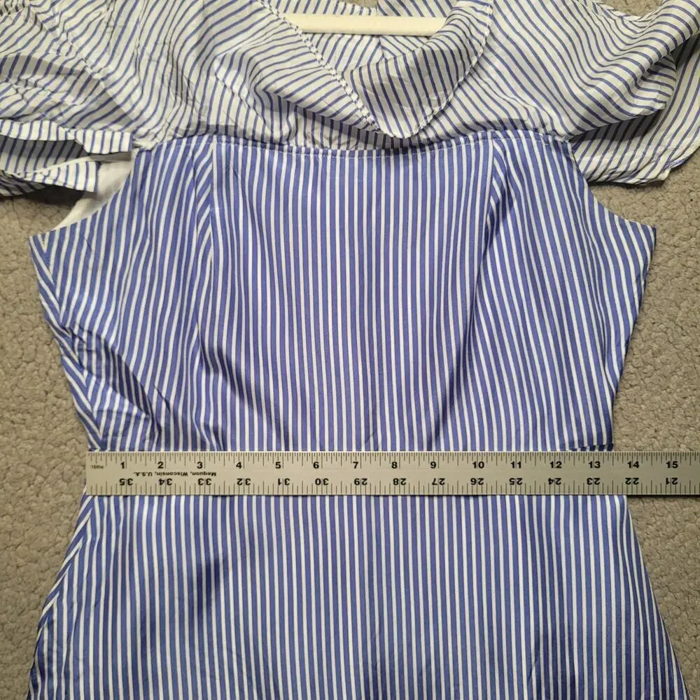 J.Crew Dress 0 Blue White Silk‎ Striped Ruffle Cold Shoulder Handkerchief Midi